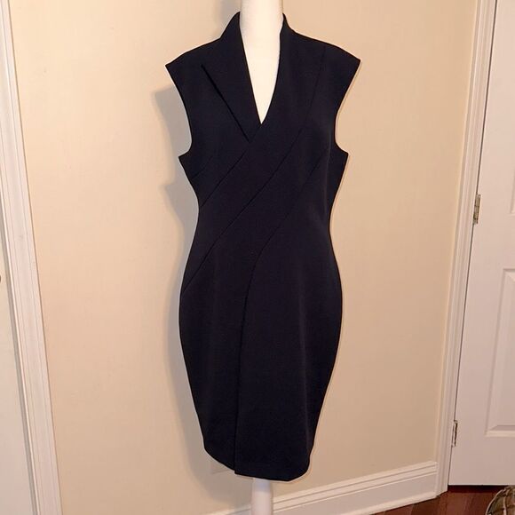 Ted Baker 14 (5) Navy Geodese V Neck Front Slit Back Zip Sleeveless Shift Dress - Picture 2 of 16
